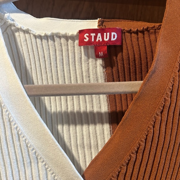 STAUD Two-Tone Ribbed Button-Front Cardigan - Cream and Rust - Picture 2 of 3